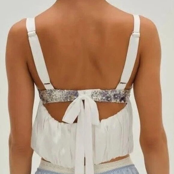 NEW FOR LOVE AND LEMONS SILVER & PURPLE SEQUIN BUBBLE HEM WHITE SATIN TOP SIZE L - Picture 3 of 10